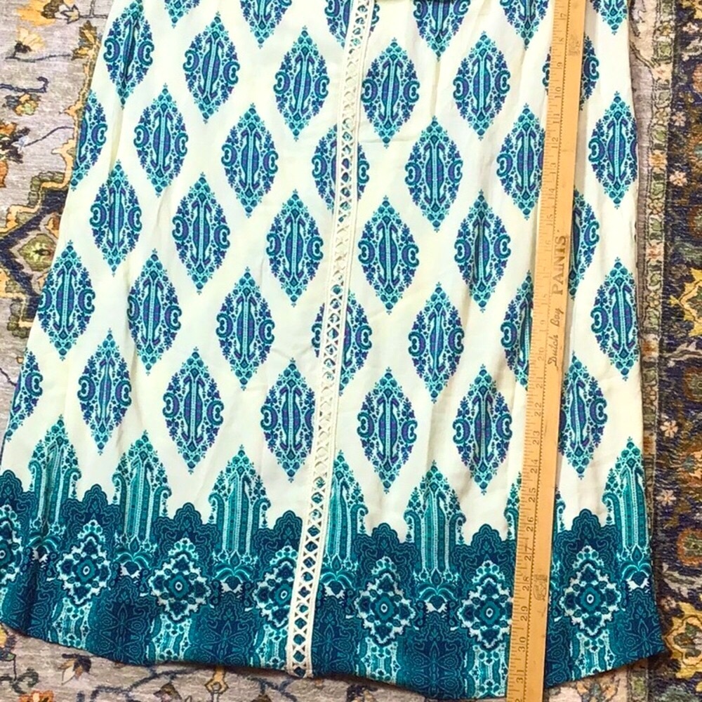 🦚 LOVE FIRE Smocked Off Shoulder Teal Cream Tassel Crochet Trim Dress Sz.M NWOT - Picture 8 of 11